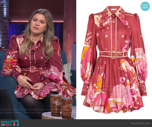 Concert printed silk twill shirt dress by Zimmermann worn by Kelly Clarkson on The Kelly Clarkson Show