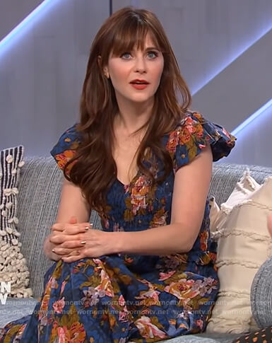 Zooey Deschanel's blue floral ruffle dress on on The Kelly Clarkson Show