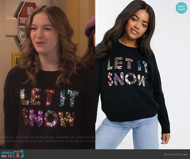 Charity Christmas sweater sequin let it snow by ASOS worn by Presley (Jayden Bartels) on Side Hustle