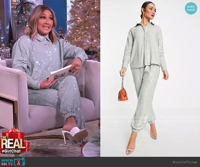 Sequin Shirt and Sweatepants in Sage Green by ASOS worn by Adrienne Houghton  on The Real