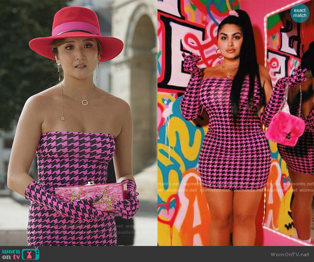 Houndstooth Print Dress and Glove Set by Adriana Sahar worn by Mindy Chen (Ashley Park) on Emily in Paris