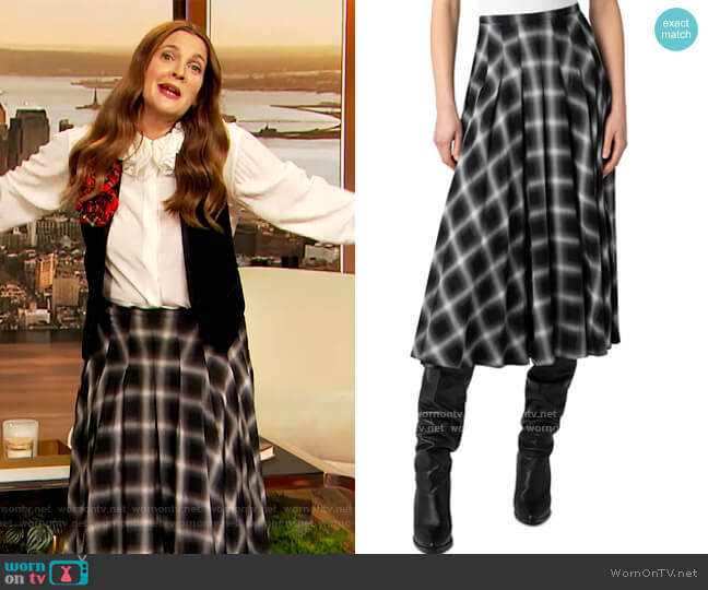 Plaid Pleated Midi Skirt by Akris Punto worn by Drew Barrymore  on The Drew Barrymore Show