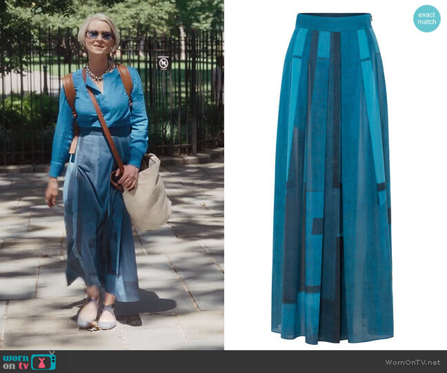 Window-Print Pleated Voile Maxi Skirt by Akris worn by Miranda Hobbs (Cynthia Nixon) on And Just Like That