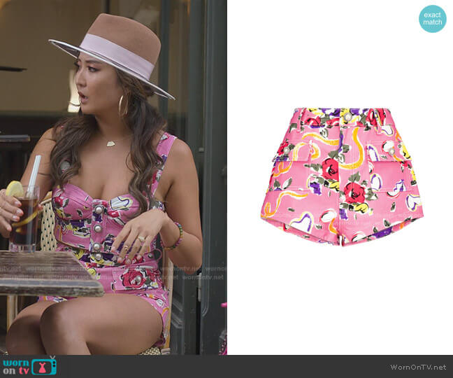 Floral High-Rise Cotton Shorts by Alessandra Rich worn by Mindy Chen (Ashley Park) on Emily in Paris
