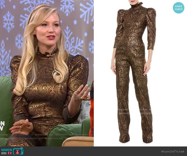 Jorah Brocade Puff-Sleeve Wide-Leg Jumpsuit by Alice + Olivia worn by Jewel on The Kelly Clarkson Show