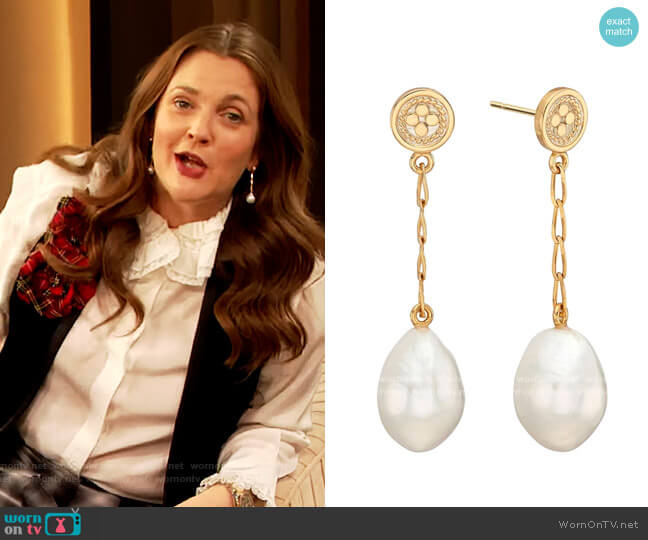 Pearl & Twisted Baroque Pearl Chain Drop Earrings by Anna Beck worn by Drew Barrymore  on The Drew Barrymore Show