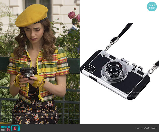 Camera Design Iphone Case by Awsaccy worn by Emily Cooper (Lily Collins) on Emily in Paris