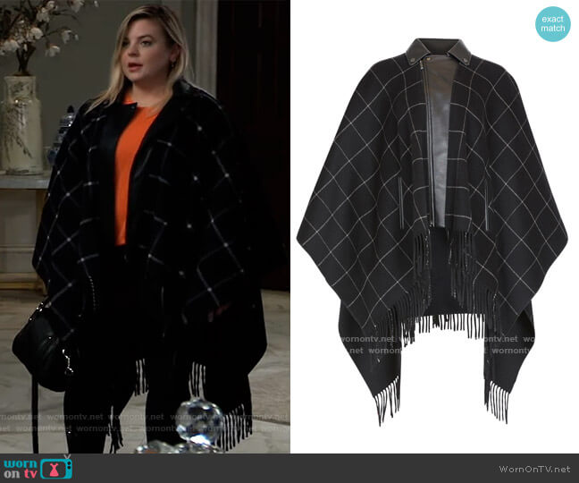 Faux Leather Trim Fringed Cape by BCBGMAXAZRIA worn by Maxie Jones (Kirsten Storms) on General Hospital
