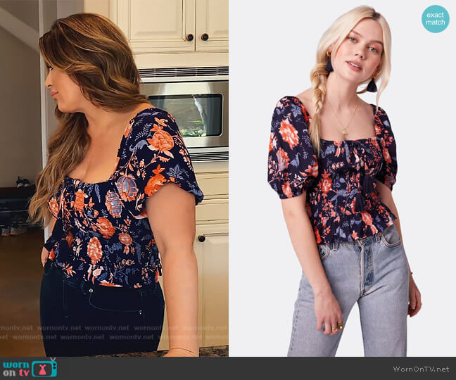 Leon Navy Floral Smocked Bodice Top by B.O.G. Collective worn by Emily Simpson  on The Real Housewives of Orange County
