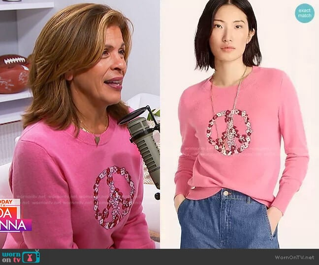 Cashmere Crewneck Sweater with Floral Peace Embroidery by J. Crew worn by Hoda Kotb on Today