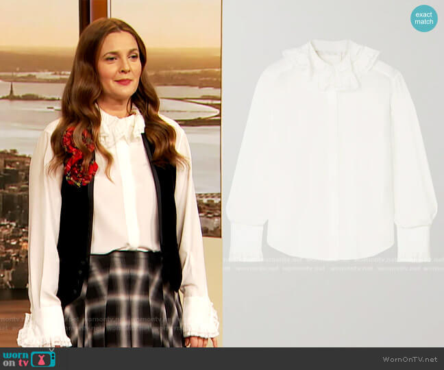 Ruffled lace-trimmed embroidered silk blouse by Chloe worn by Drew Barrymore  on The Drew Barrymore Show