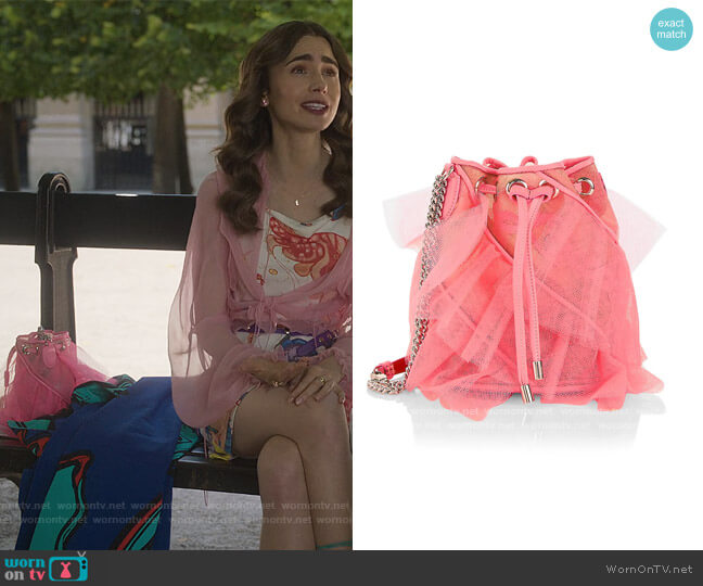 Marie Jane Tulle Bucket Bag by Christian Louboutin worn by Emily Cooper (Lily Collins) on Emily in Paris