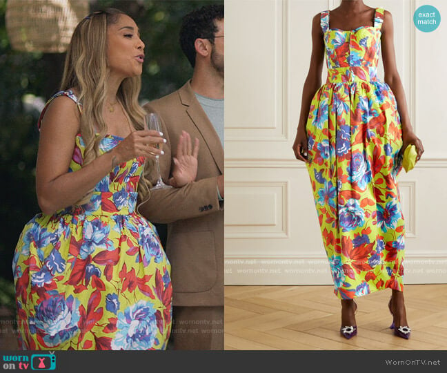 Topstitched floral-print cotton-twill bustier top and skirt by Christopher John Rogers worn by Tiffany DuBois (Amanda Seales) on Insecure