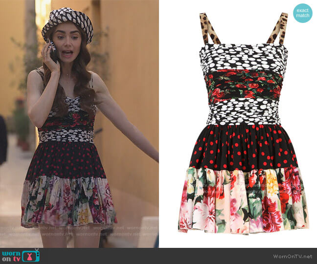 Patchwork Ruched Silk Minidress by Dolce & Gabbana worn by Emily Cooper (Lily Collins) on Emily in Paris