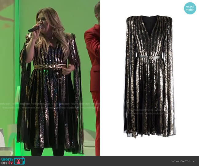 Striped Sequin Embellished Cape Dress by Elie Saab worn by Kelly Clarkson  on The Voice
