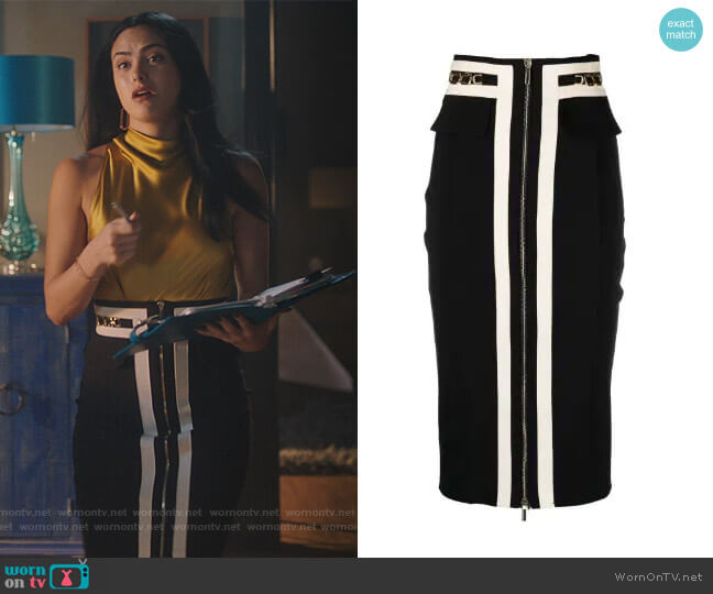 Two-Tone Midi Skirt by Elisabetta Franchi worn by Veronica Lodge (Camila Mendes) on Riverdale