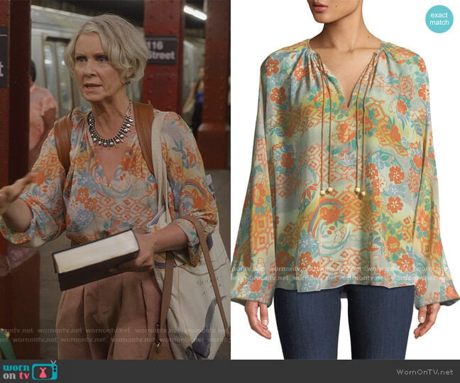 Chance Ruched-Neck Long-Sleeve Printed Silk Blouse by Elizabeth & James worn by Miranda Hobbs (Cynthia Nixon) on And Just Like That