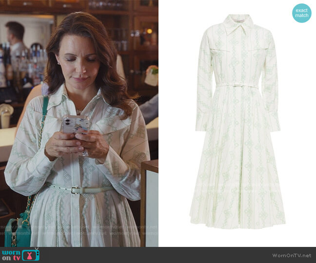 Charity pleated printed cotton midi shirt dress by Emilia Wickstead worn by Charlotte York (Kristin Davis) on And Just Like That