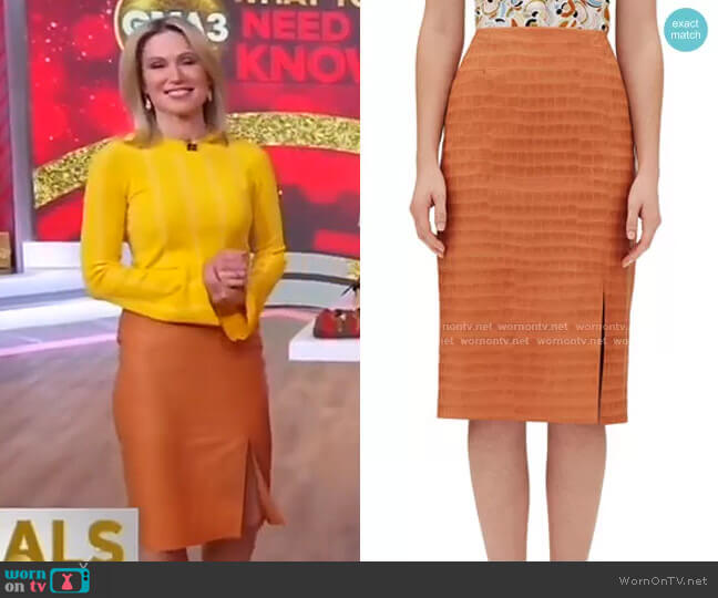 Esma Etched Croco Leather Skirt by Lafayette 148 New York worn by Amy Robach  on Good Morning America