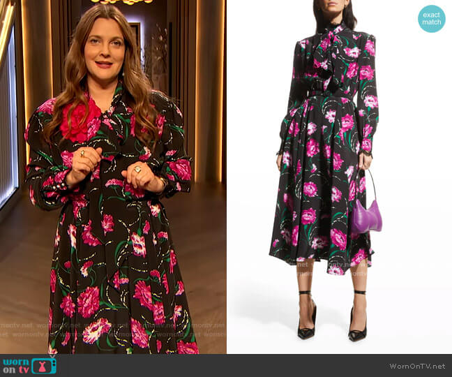 Floral-Print Neck-Tie Silk Midi Dress w/ Lace Trim by Rodarte worn by Drew Barrymore  on The Drew Barrymore Show