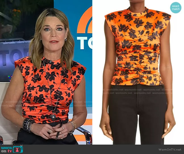 Floral Print Ruched Stretch Silk Satin Sleeveless Top by Ganni worn by Savannah Guthrie on Today