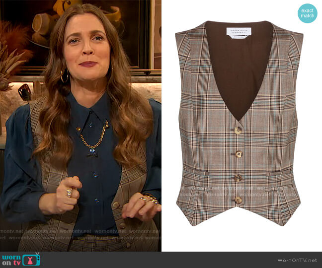 Zelos checked virgin wool vest by Gabriela Hearst worn by Drew Barrymore  on The Drew Barrymore Show