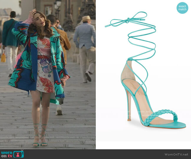105mm Braided Napa Ankle-Tie Sandals by Gianvito Rossi worn by Emily Cooper (Lily Collins) on Emily in Paris