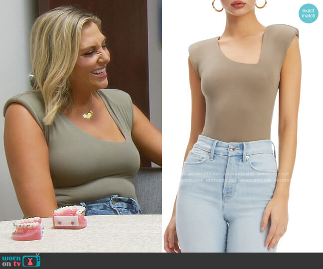 Asymmetric Neck Bodysuit by Good American worn by Gina Kirschenheiter on The Real Housewives of Orange County
