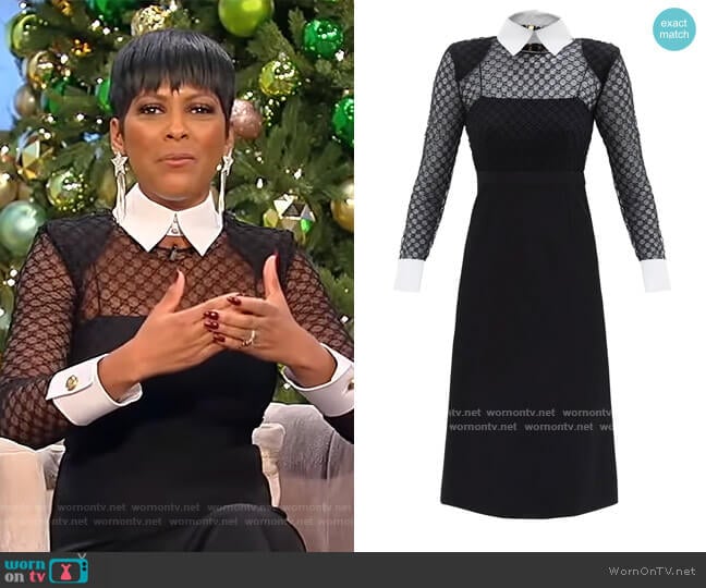 Detachable-collar GG-logo jacquard tulle dress by Gucci worn by Tamron Hall on Tamron Hall Show