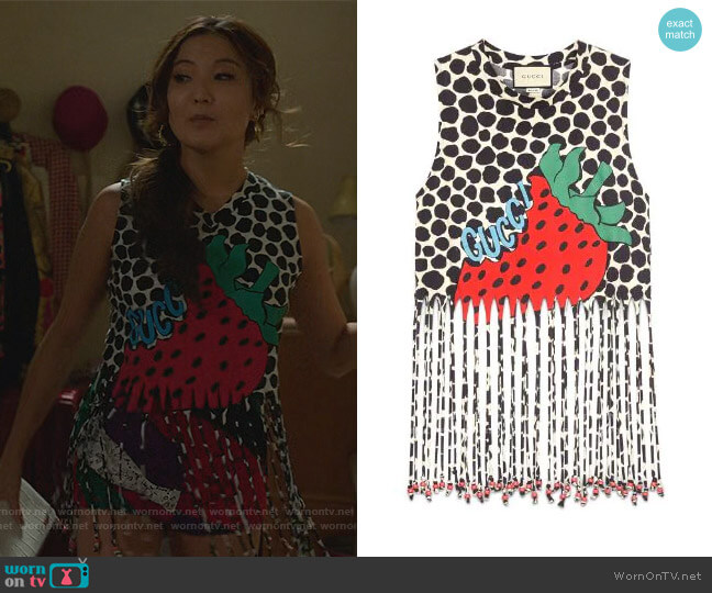 ringe tank with Gucci Strawberry print by Gucci worn by Mindy Chen (Ashley Park) on Emily in Paris
