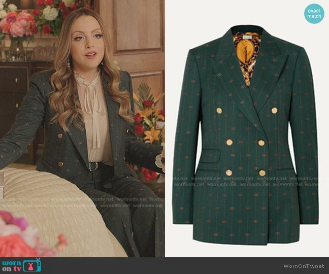 GG-Pinstripe Double-Breasted Blazer by Gucci worn by Fallon Carrington (Elizabeth Gillies) on Dynasty