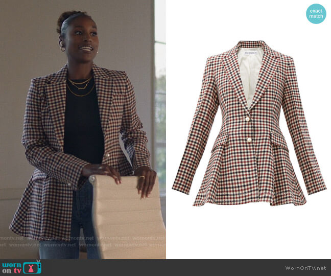 Single-breasted peplum checked virgin-wool blazer by JW Anderson worn by Issa Dee (Issa Rae) on Insecure