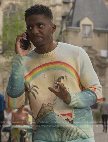 Julien’s rainbow sea print sweater on Emily in Paris