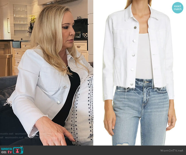 Janelle Slim Cropped Jean Jacket with Raw Hem by L'Agence worn by Shannon Beador  on The Real Housewives of Orange County