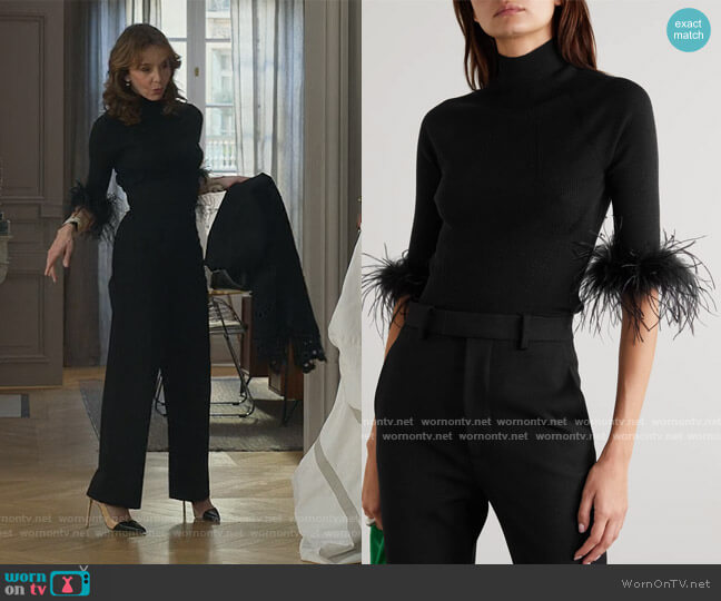 Feather-trimmed ribbed wool and cashmere-blend sweater by Lanvin worn by Sylvie (Philippine Leroy-Beaulieu) on Emily in Paris