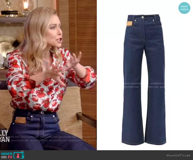 Leather-Patch High-Rise Flared Jeans by Paco Rabanne worn by Kelly Ripa  on Live with Kelly & Ryan