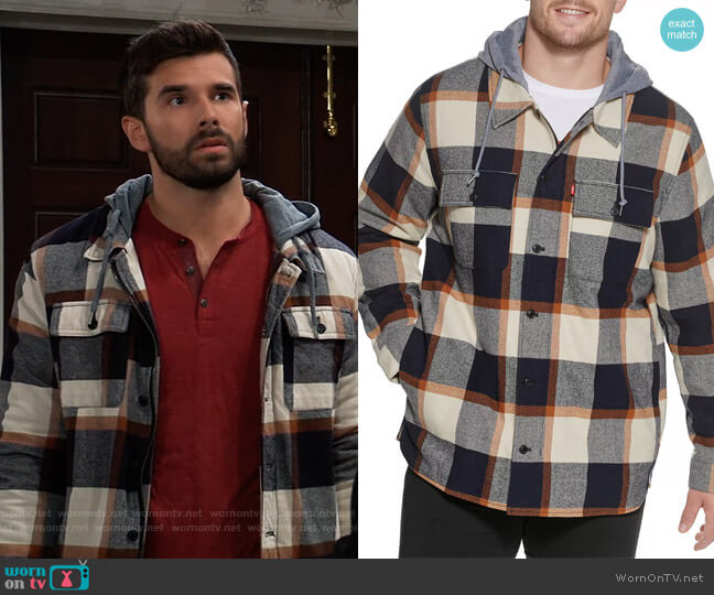 Plaid Sherpa-Lined Hooded Shirt Jacket by Levis worn by Joshua Swickard on General Hospital