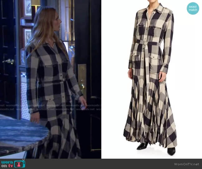 Lyla Check Long Sleeve Pleated Shirtdress by Khaite worn by Abigail Deveraux (Marci Miller) on Days of our Lives