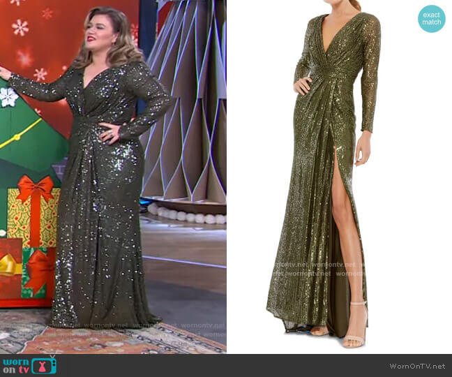 Long Sleeve Sequin Faux Wrap Gown by Mac Duggal worn by Kelly Clarkson on The Kelly Clarkson Show