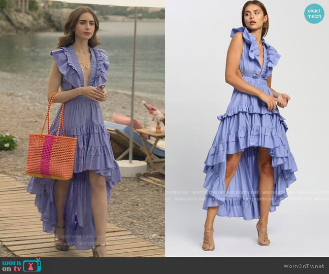 Pascal Ruffled High-Low Maxi Dress by Magali worn by Emily Cooper (Lily Collins) on Emily in Paris