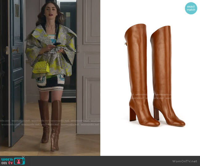 Adriana High-Heel Leather Boots by Maison Skorpios worn by Emily Cooper (Lily Collins) on Emily in Paris