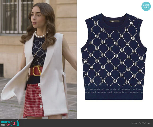 Milia Jacquard Bow Knit Shell by Maje worn by Emily Cooper (Lily Collins) on Emily in Paris