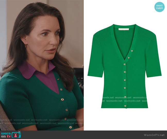 Mimosa Cropped Rib Knit Sweater by Maje worn by Charlotte York (Kristin Davis) on And Just Like That