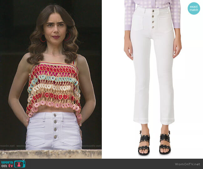 Passiona High Rise Jeans in White by Maje worn by Emily Cooper (Lily Collins) on Emily in Paris