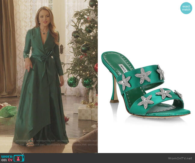 Ostriamu Satin Embellished Mules by Manolo Blahnik worn by Fallon Carrington (Elizabeth Gillies) on Dynasty