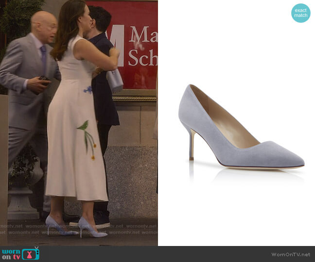 Light Gray Suede Pointed Pumps by Manolo Blahnik worn by Charlotte York (Kristin Davis) on And Just Like That