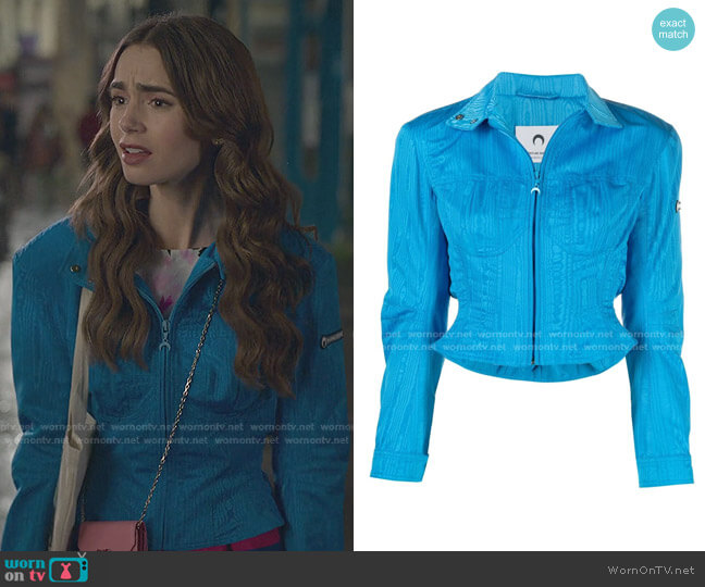Shaped Cropped Bomber Jacket by Marine Serre worn by Emily Cooper (Lily Collins) on Emily in Paris