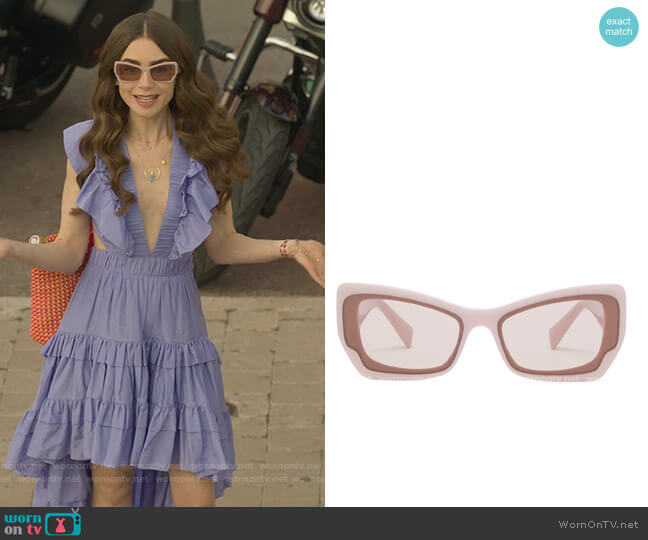 Rectangular acetate sunglasses by Miu Miu worn by Emily Cooper (Lily Collins) on Emily in Paris