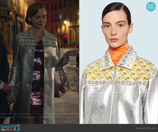 Embroidered Nappa Leather Coat by Miu Miu worn by Emily Cooper (Lily Collins) on Emily in Paris