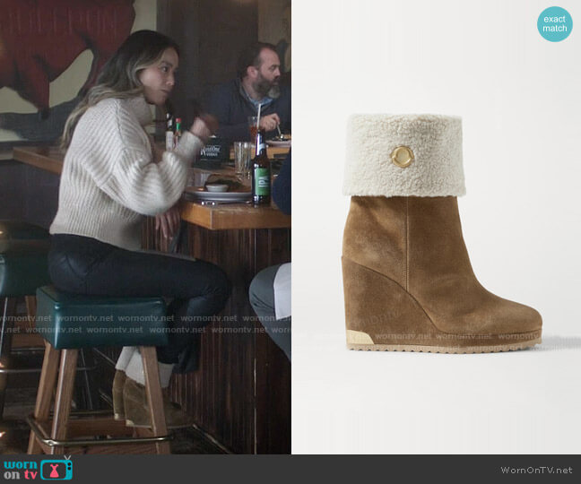 Moncler W Short shearling-lined suede wedge ankle boots worn by Molly Park (Jamie Chung) on Dexter New Blood
